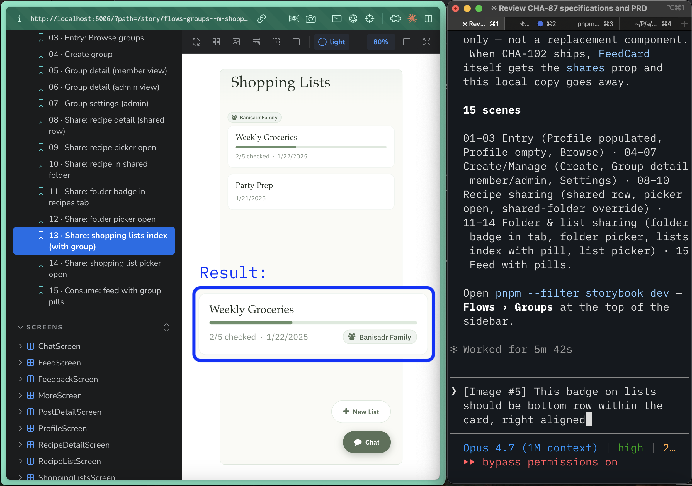 Storybook and Claude Code side-by-side where Eric asks Claude Code to update the location of the shared grocery list badge to be inside the grocery list card. Inset result where the change is made succesfully.