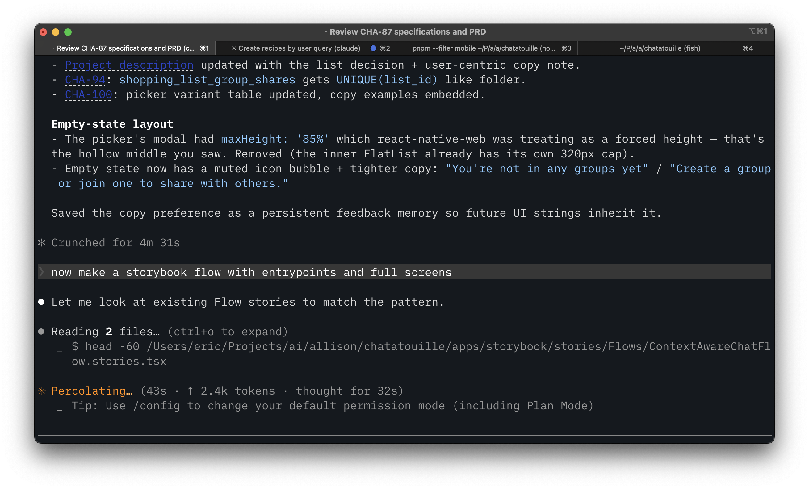 Eric sending a message to Claude Code: now make a storybook flow with entrypoints and full screens